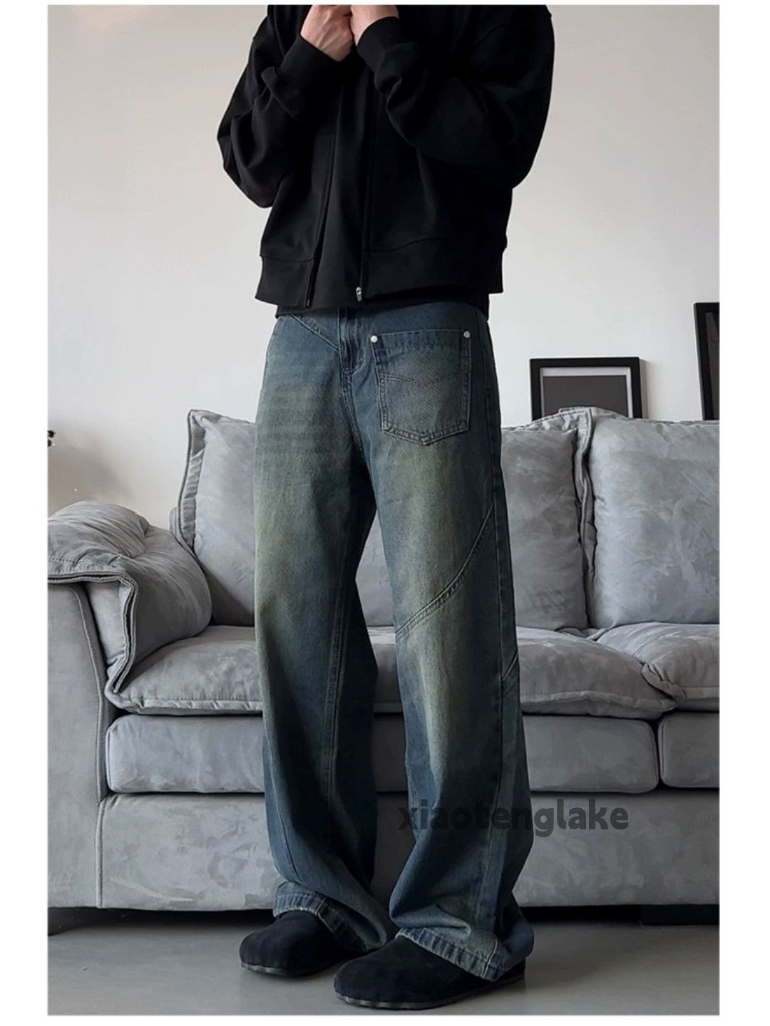 Jean × Vintage washed faded loose baggy skate hiphop patchwork jeans Size US 34 / EU 50 - 1 Thumbnail