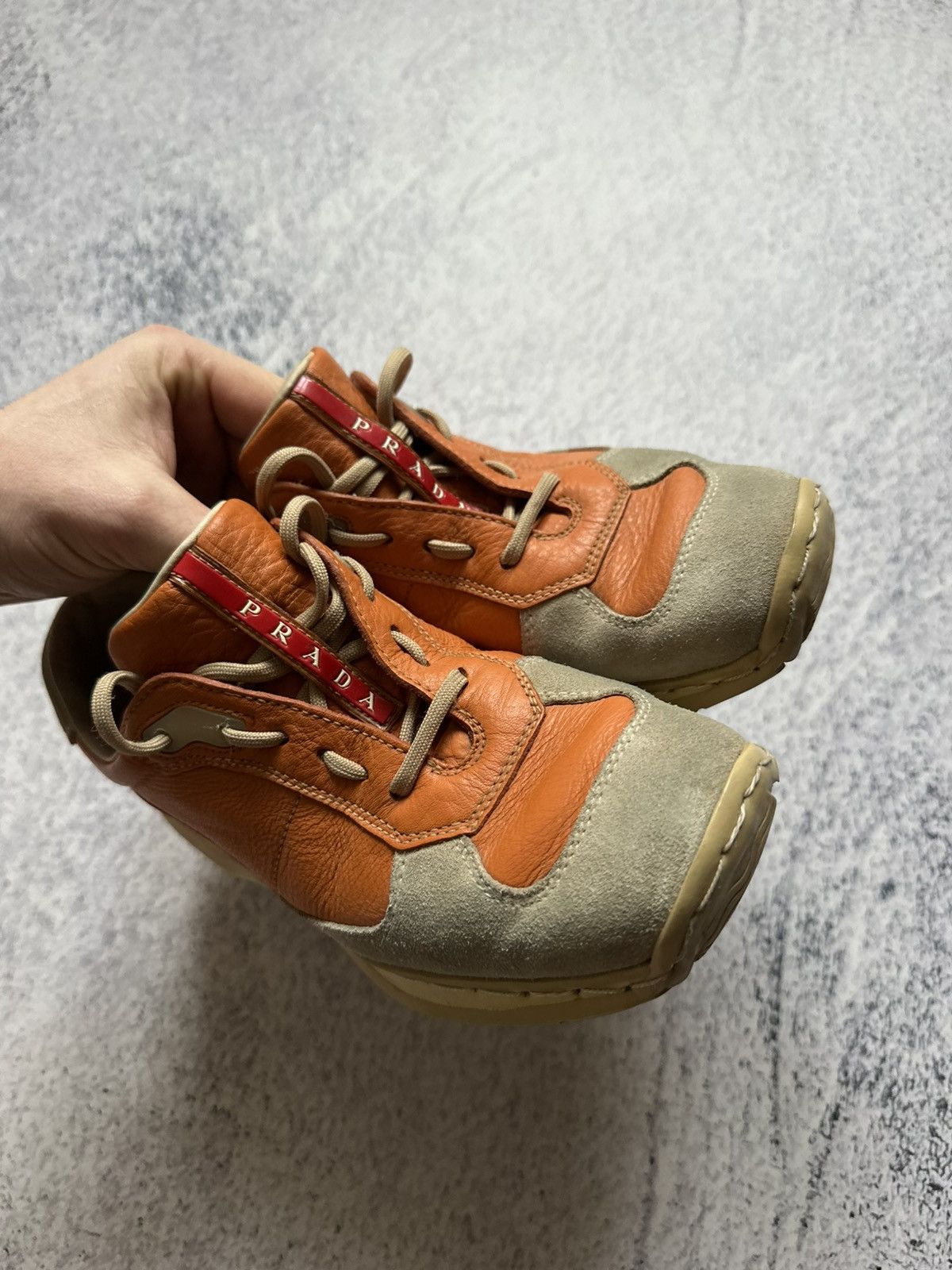 Prada Prada Red Tab Orange Leather Gray Suede Trainers Sneakers Size US 7 / IT 37 - 24 Thumbnail