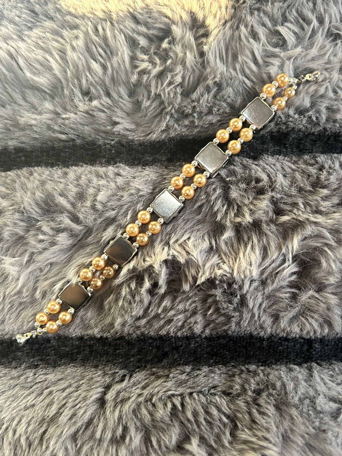 Handmade Handcrafted square cut brown topaz glass pearl bracelet Size ONE SIZE - 5 Thumbnail