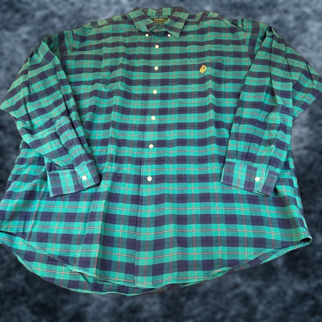 Ralph Lauren VINTAGE Lauren Ralph Lauren Plaid Shirt Men XL Long Sleeve Button-Up Green Navy Shirt Button-Down Col Size US XL / EU 56 / 4 - 1 Thumbnail