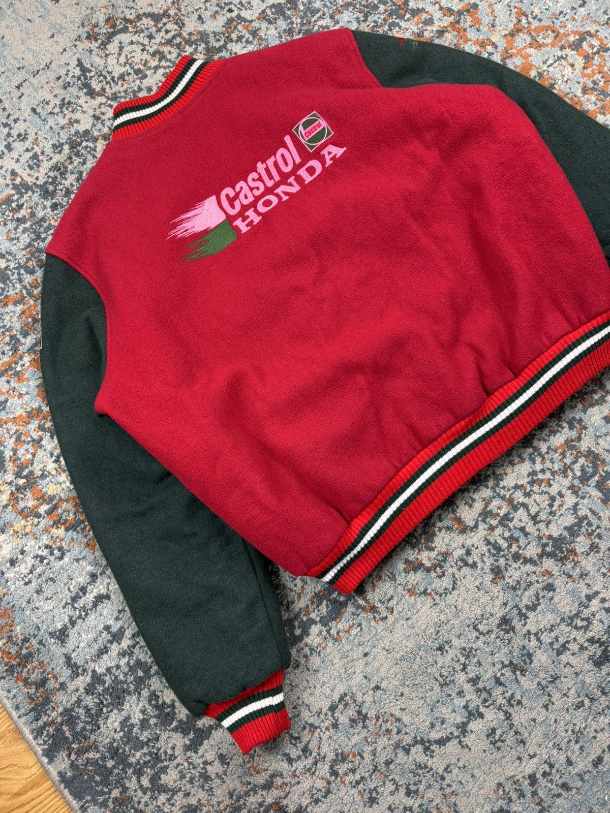 Honda Vintage 80s Honda Castrol heavy wool varsity racing jacket Size US L / EU 52-54 / 3 - 3 Thumbnail
