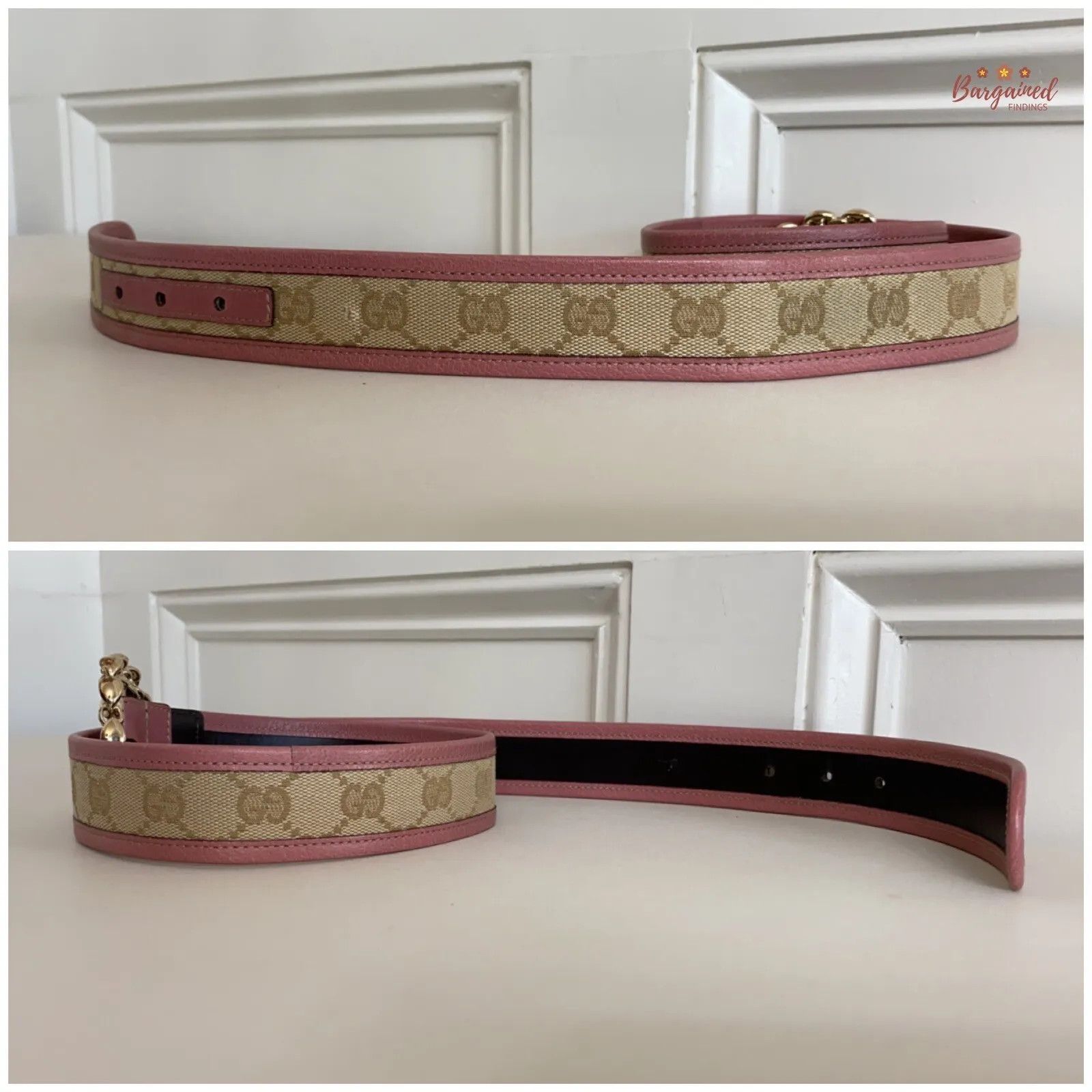 Gucci Gucci Pink Monogram Canvas Leather Gold Chain Buckle Belt Size ONE SIZE - 9 Thumbnail