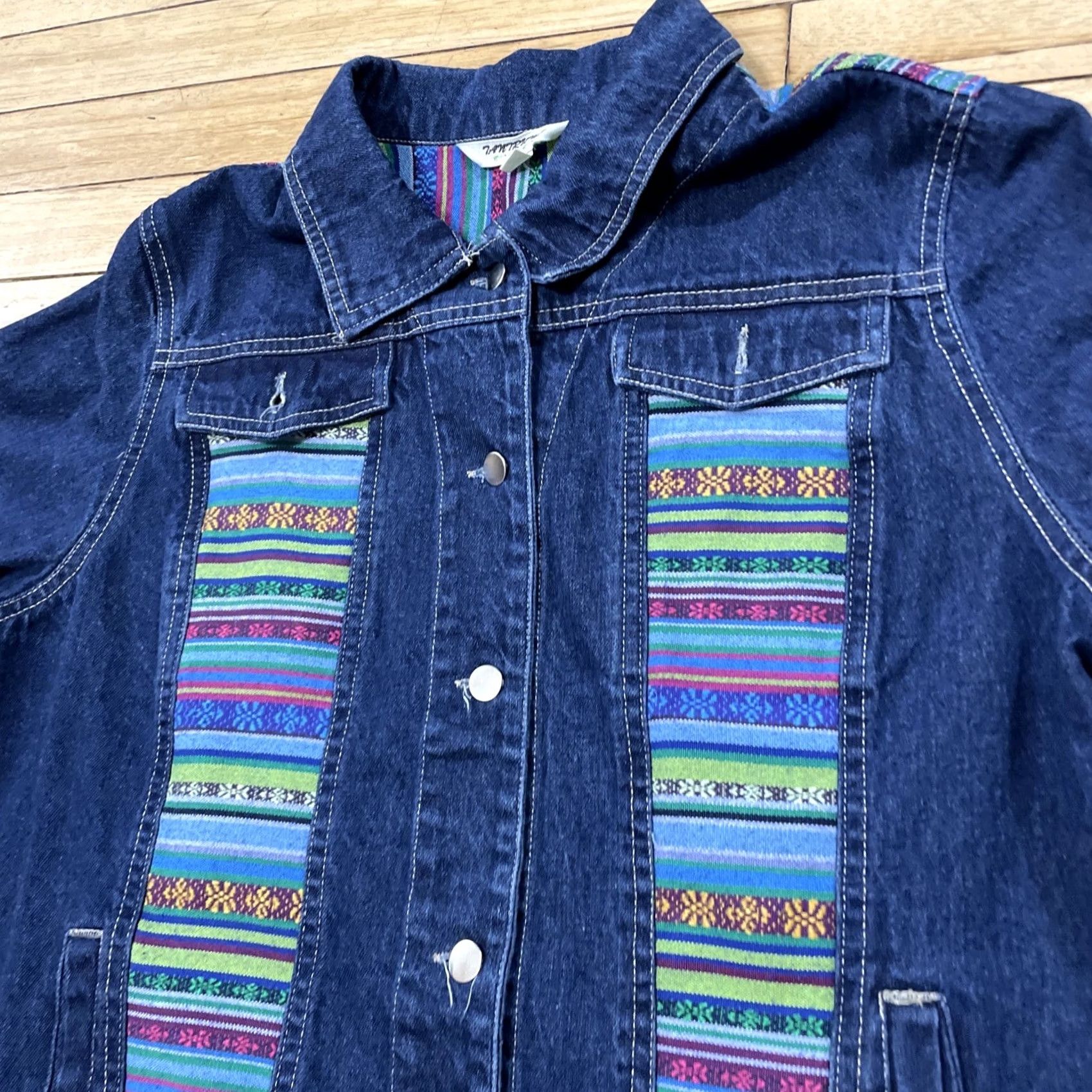 Rainbow Tantrums Jean Jacket Women M Blue Denim Floral Boho Western Tribal Aztec Shirt Mens Size 32" / US 10 / IT 46 - 3 Thumbnail