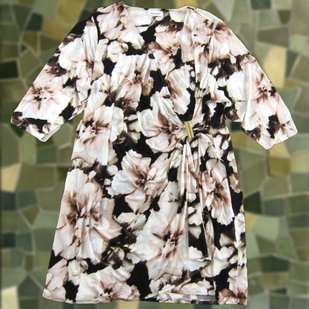 Calvin Klein Calvin Klein Dress NWT Wrap Midi Short Sleeve Floral 3X Womens Brown Pink Ivory Polyester Spandex Wrap Dress Size 40" / US 18 - 1 Thumbnail