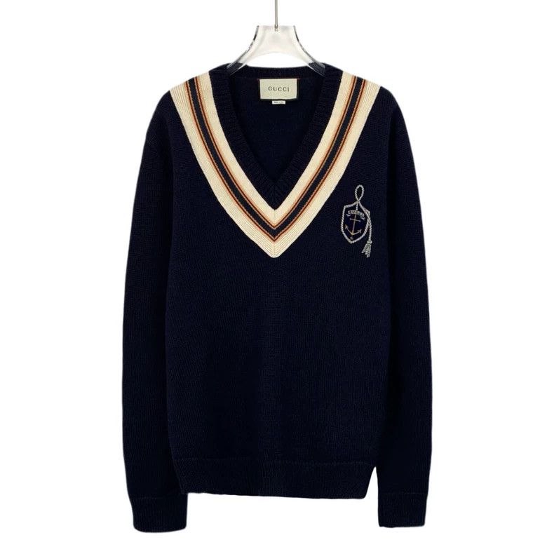 Gucci Gucci Dark blue striped anchor embroidery wool V-neck long- Size US M / EU 48-50 / 2 - 1 Thumbnail
