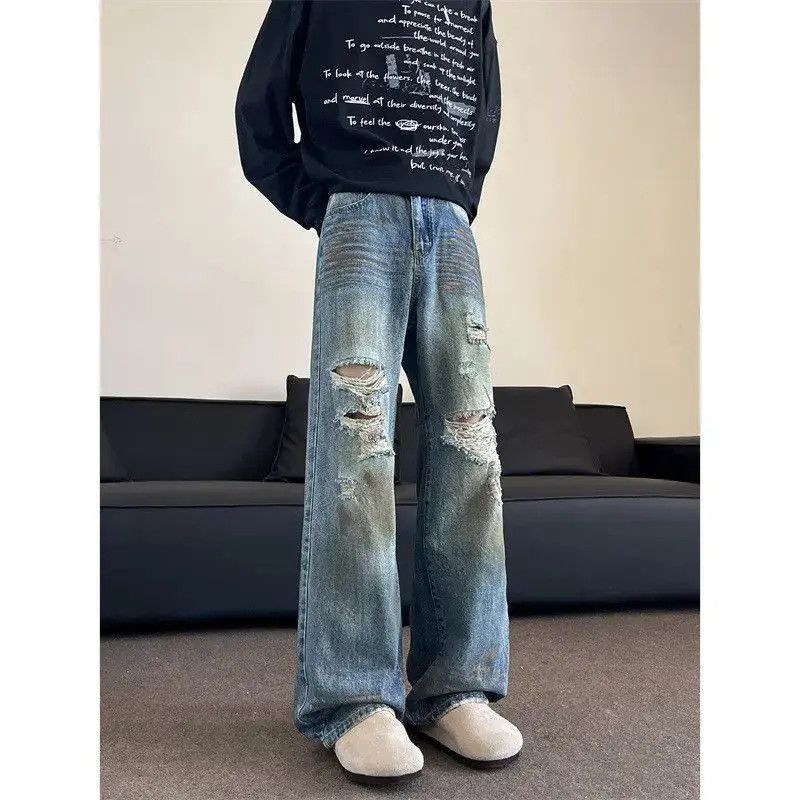 Japanese Brand Retro loose wide leg dirty dyed ripped jeans Size US 32 / EU 48 - 3 Thumbnail