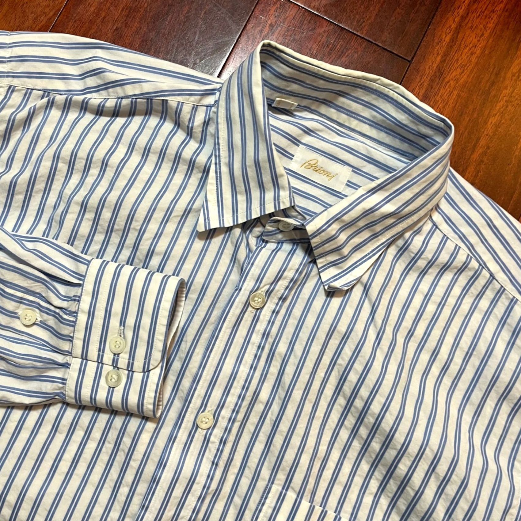 Brioni Brioni Shirt Mens Large Blue White Striped Cotton Button Down Regular Fit Italy Size US L / EU 52-54 / 3 - 2 Thumbnail