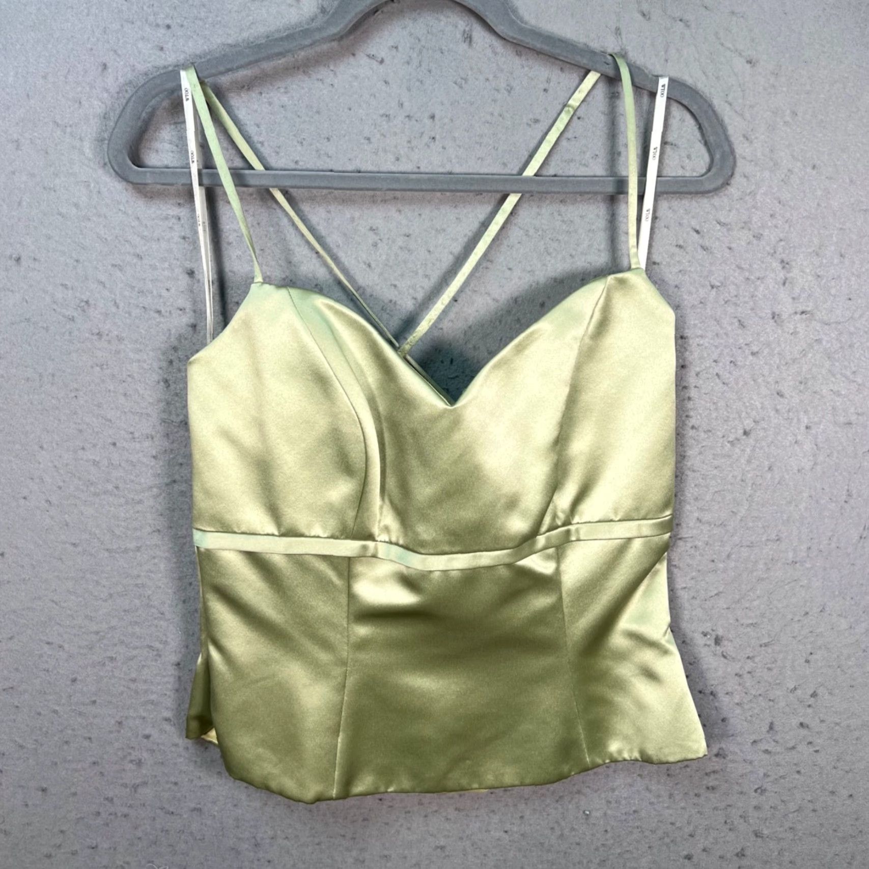 Vintage WTOO Blouse Womens Size 10 Light Green Satin Strappy Top - Sleeveless Polyester Acetate Shirt Casual Spring Summer New with Tags Women Mens Girls Size L / US 10 / IT 46 - 2 Thumbnail