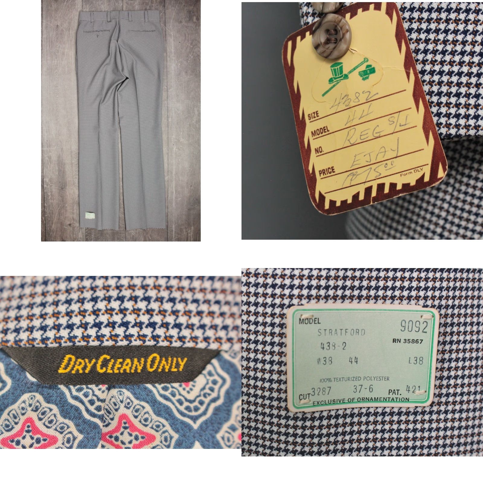 Vintage VINTAGE Men's VTG NOS 70s Blue Houndstooth 2 PC Leisure Suit Sz 44 R 1970s Disco Size 44R - 8 Thumbnail