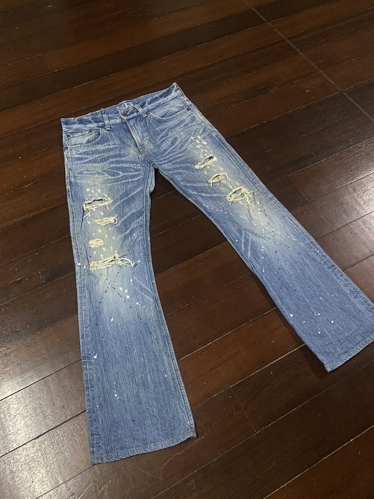 Designer × Edwin FIRE 🔥 EDWIN BLUE TRIP 503 WIDE LEG BOOT CUT DISTRESSED Size US 35 - 4 Thumbnail