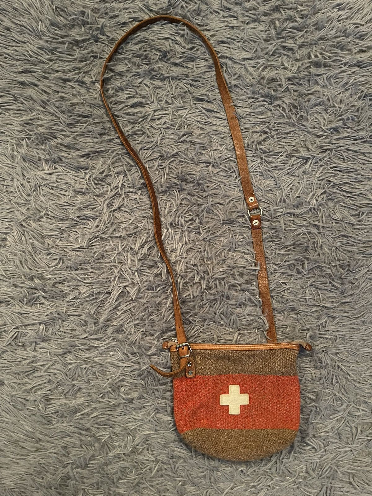 80s vintage real wool + leather Swiss army military bag