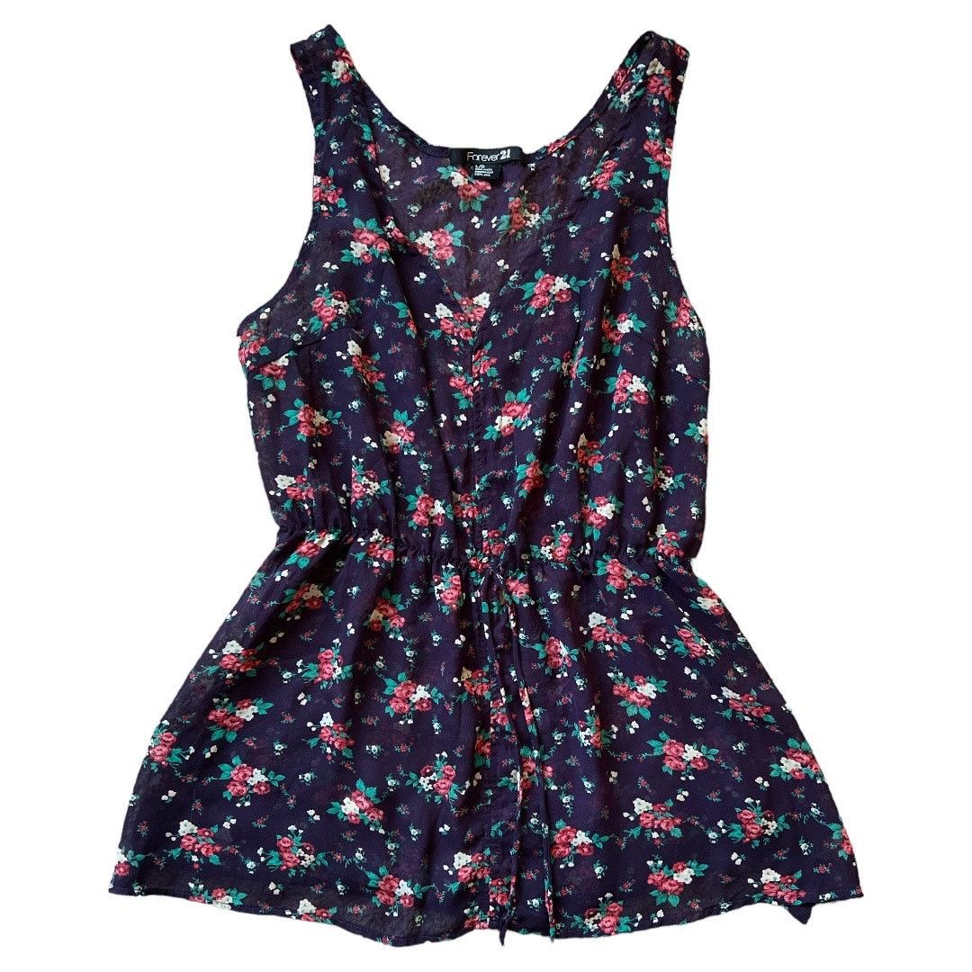 Forever 21 Forever 21 Purple Floral Print V Neck Semi Sheer Top, L Size L / US 10 / IT 46 - 2 Thumbnail