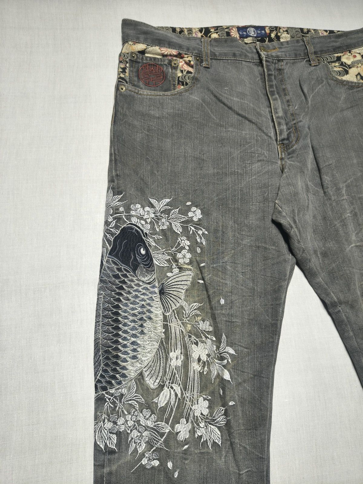 Japanese Brand CRAZY EMBROIDERY ALL OVER LUCKY KOI FISH JEANS 🐟🇯🇵(015) Size US 36 / EU 52 - 4 Thumbnail