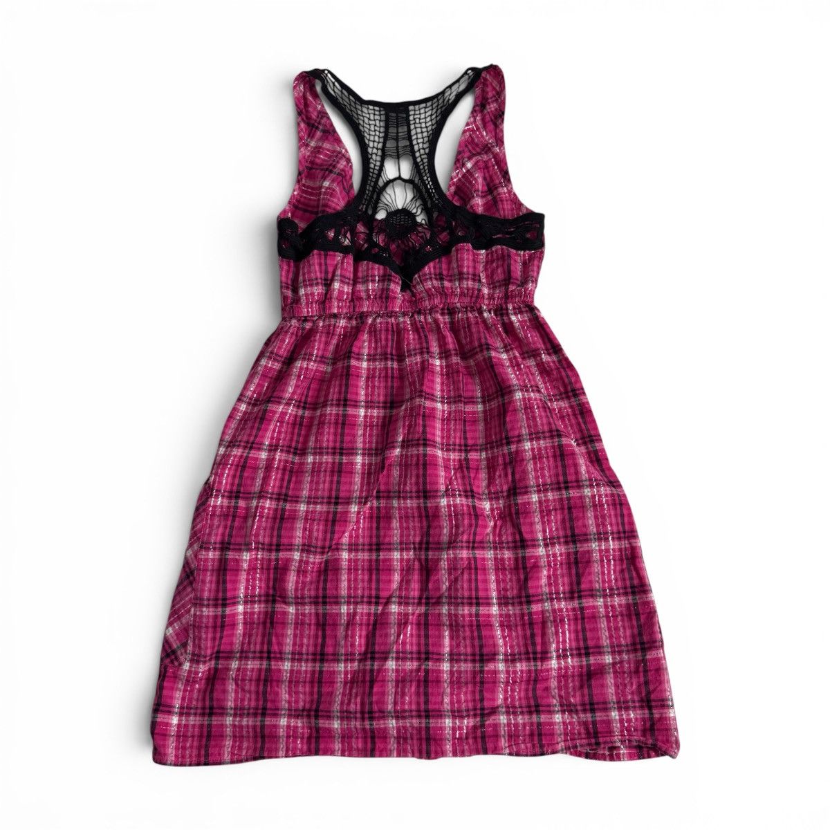 Decree Decree Studded Pink & Black Plaid Dress w/ Crochet Racerback Size M / US 6-8 / IT 42-44 - 6 Thumbnail