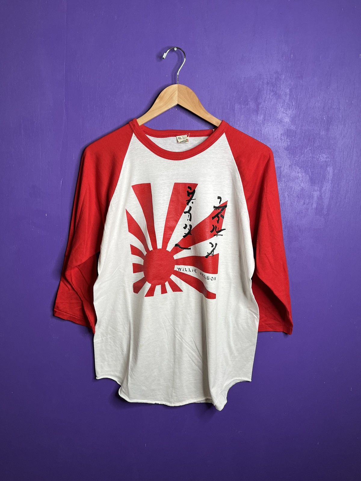 image of Tour Tee Vintage 1984 Willie Nelson Japan Tour Raglan T-Shirt in White/Red, Men's (Size Large)