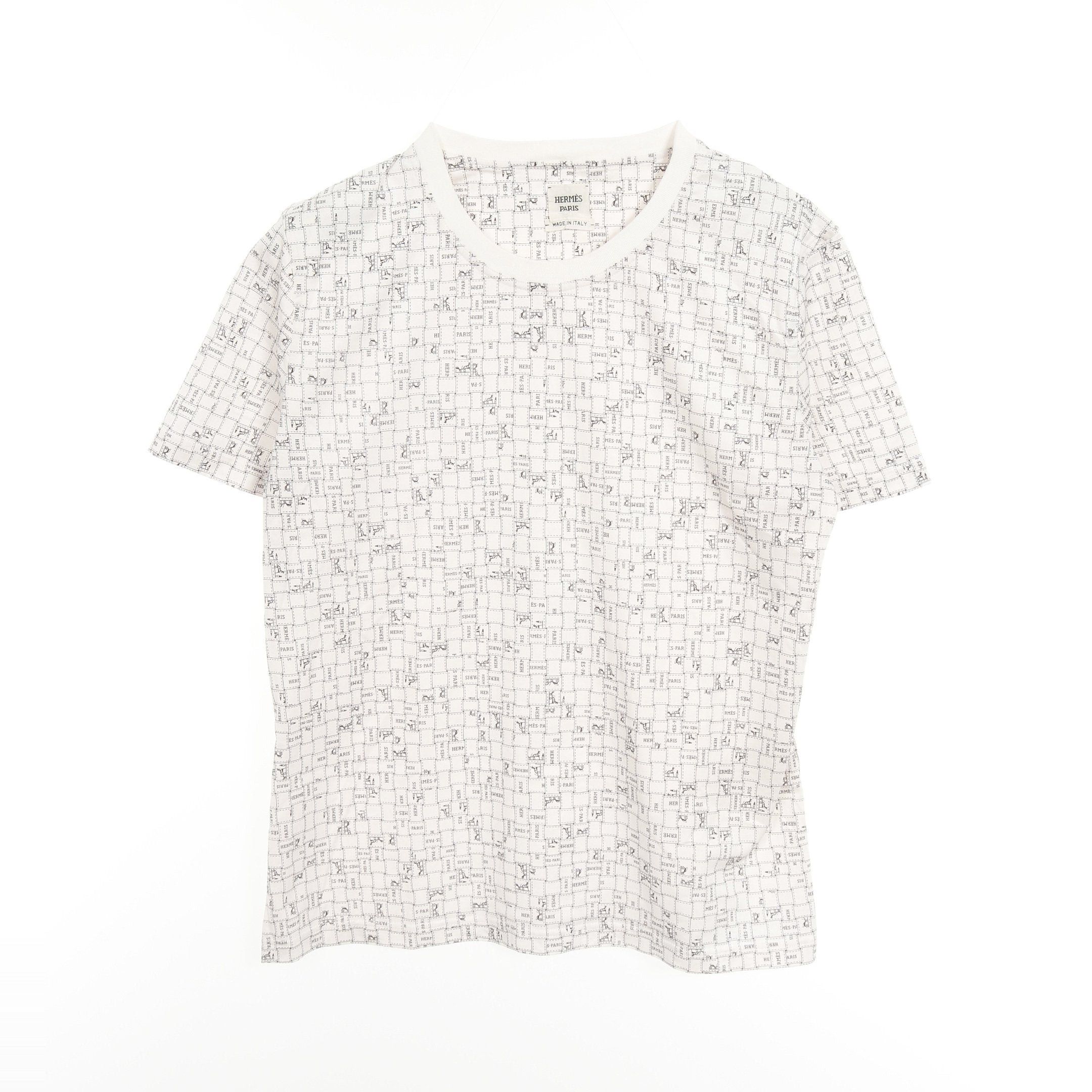 Hermes Bolduc Check Au Carre T-Shirt Crew Neck Cotton White