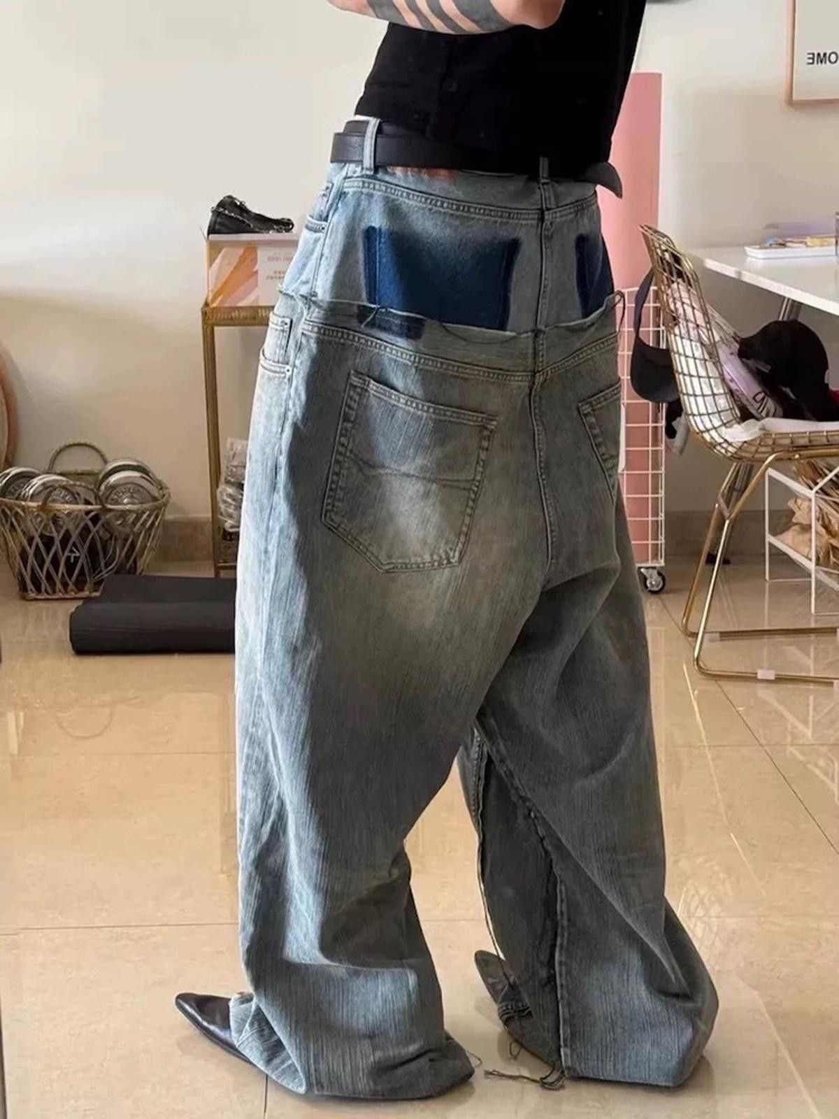 Japanese Brand Two-Tone Baggy Wide Leg Jeans, High Waist Denim Pants Size US 30 / EU 46 - 5 Thumbnail