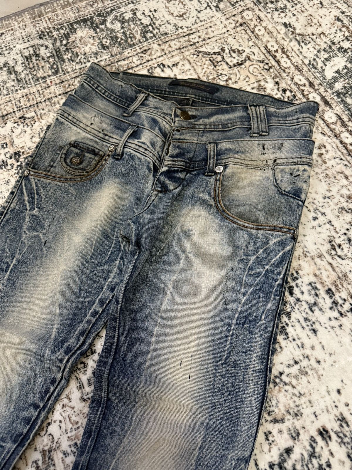 If Six Was Nine Diesel Black Gold Double Waist Whiskers Stack Flared Jeans Size US 29 - 4 Thumbnail
