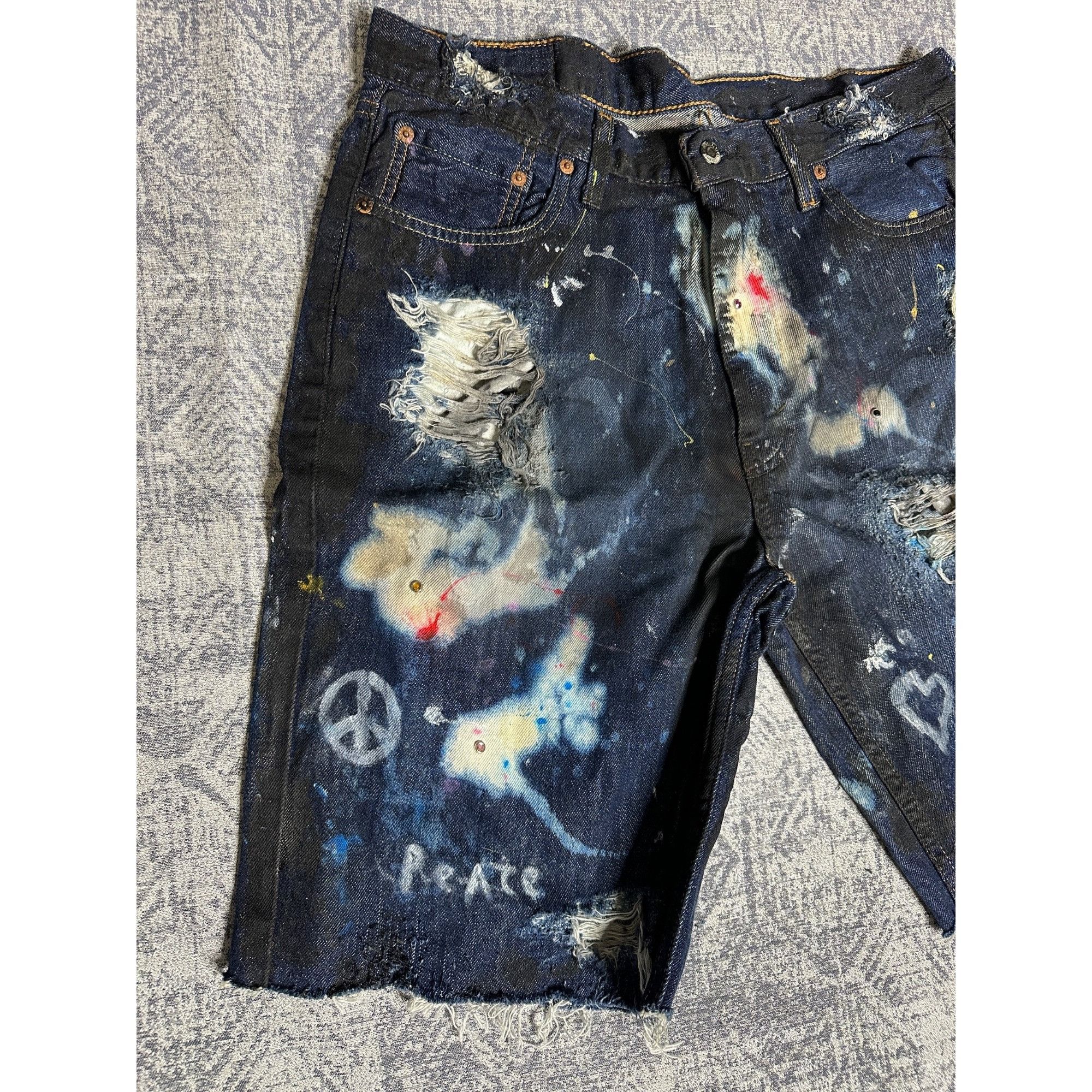 Levi's Custom Reworked Embellished Bleached Distressed Paint Staine Size US 33 - 2 Thumbnail