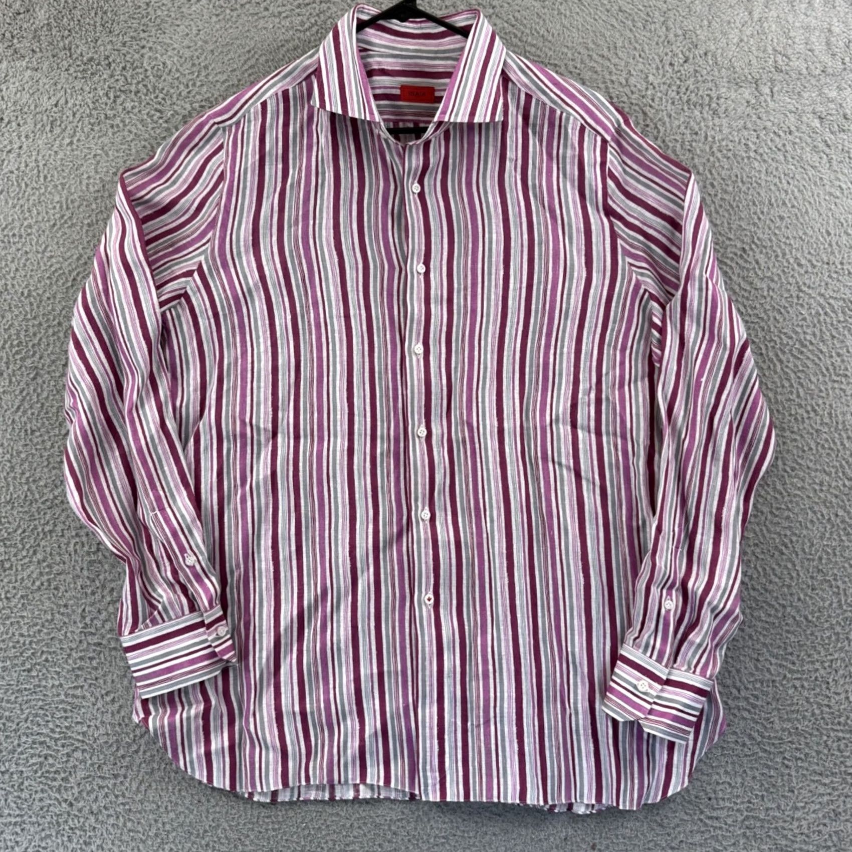 Isaia Isaia Shirt Mens 17.5 Pink Striped Linen Long Sleeve Collared Dress Button Preppy Size 48R - 2 Thumbnail