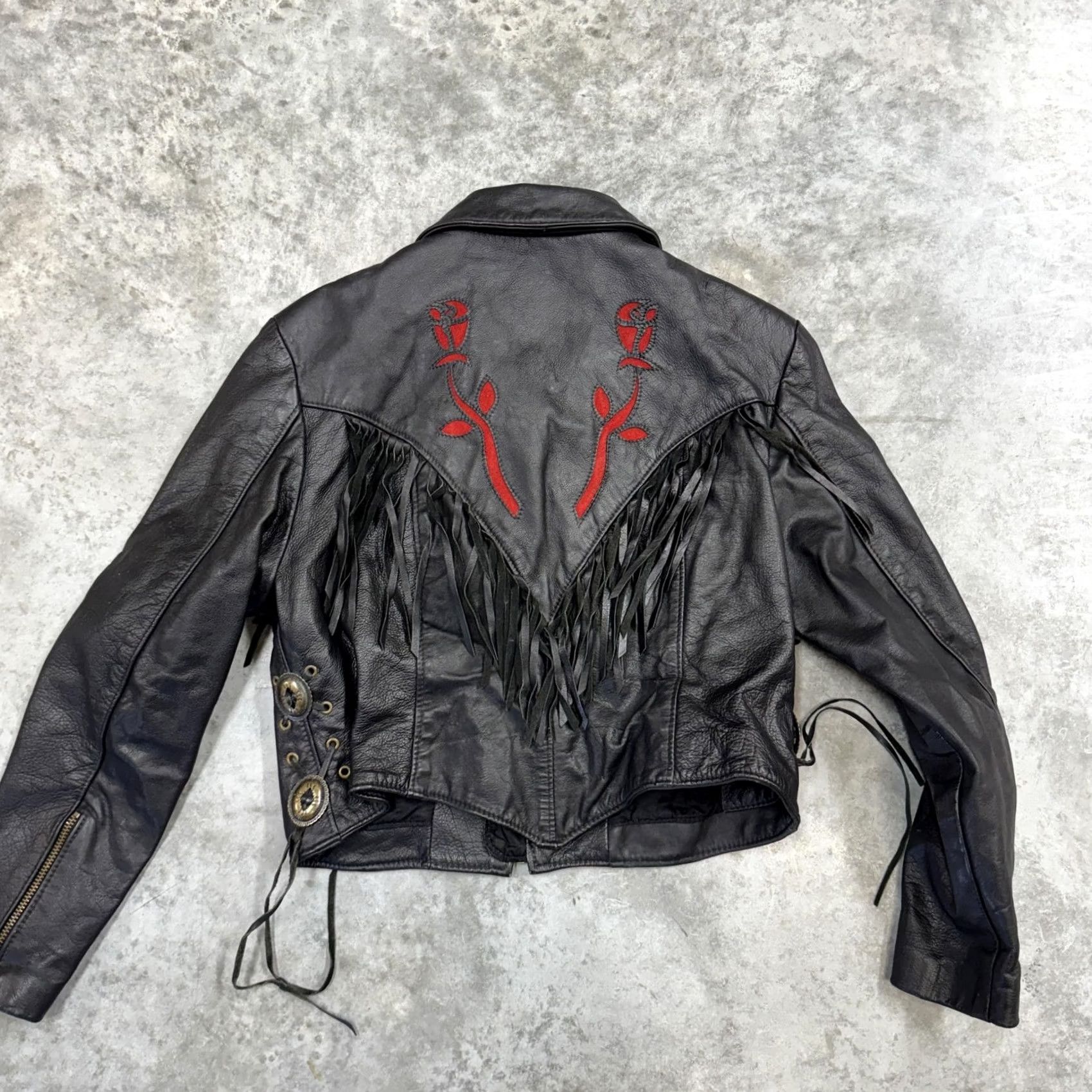 Vintage Protech Leather Jacket Girls S Black Fringe Embroidered Rose Made USA Western Motorcycle Jacket Size S / US 4 / IT 40 - 6 Thumbnail