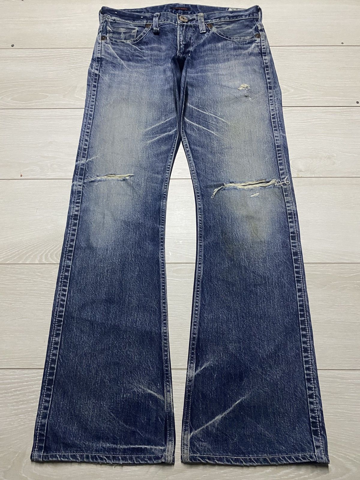 Tornado Mart Vtg Blue Way Made in Nippon Flare Bootcut Distressed Jeans Size US 33 - 1 Thumbnail