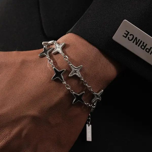 Jewelry Silver and Black Star Link Chain Bracelet, Men's Accessory Size ONE SIZE - 6 Thumbnail