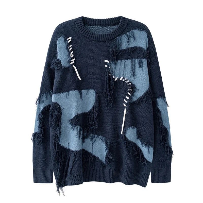 image of Avant Garde x Vintage Knitted Sweater American Loose Pullover Harajuku Style in Blue (Size Large)