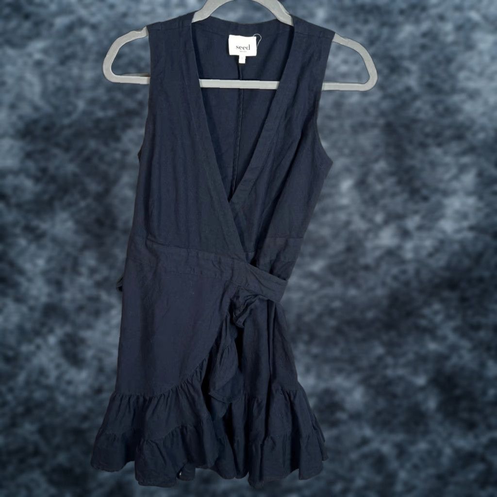 Vintage Seed Heritage Blue Wrap Dress Sleeveless Cotton Linen Blend V-Neck Knee Length Women's 6 Dress - Adult Womens 6 Accessories? Size M / US 6-8 / IT 42-44 - 1 Thumbnail