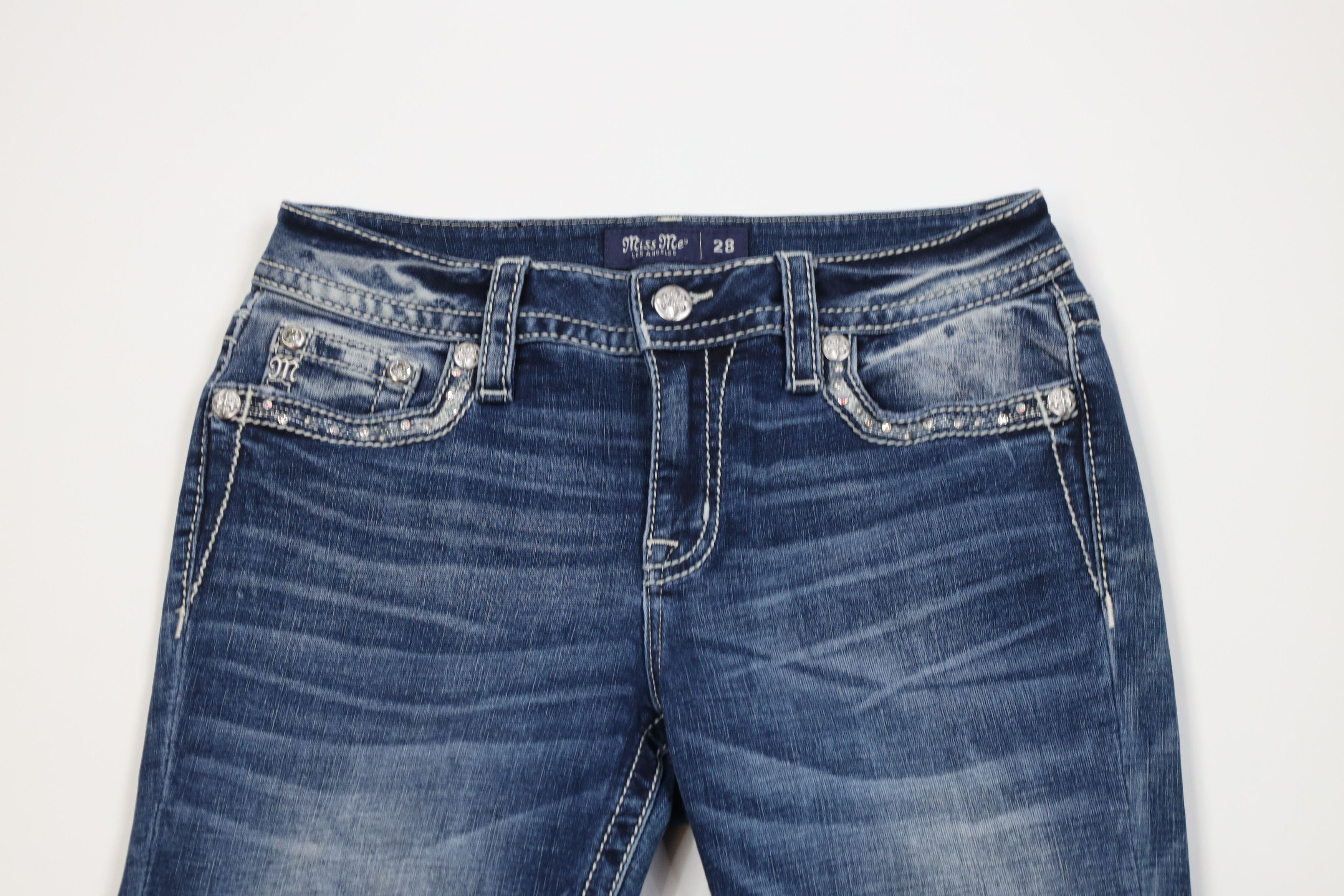 Miss Me Miss Me Mid Rise Straight Leg Jeweled Denim Jeans Stretch Size 28" / US 6 / IT 42 - 2 Thumbnail