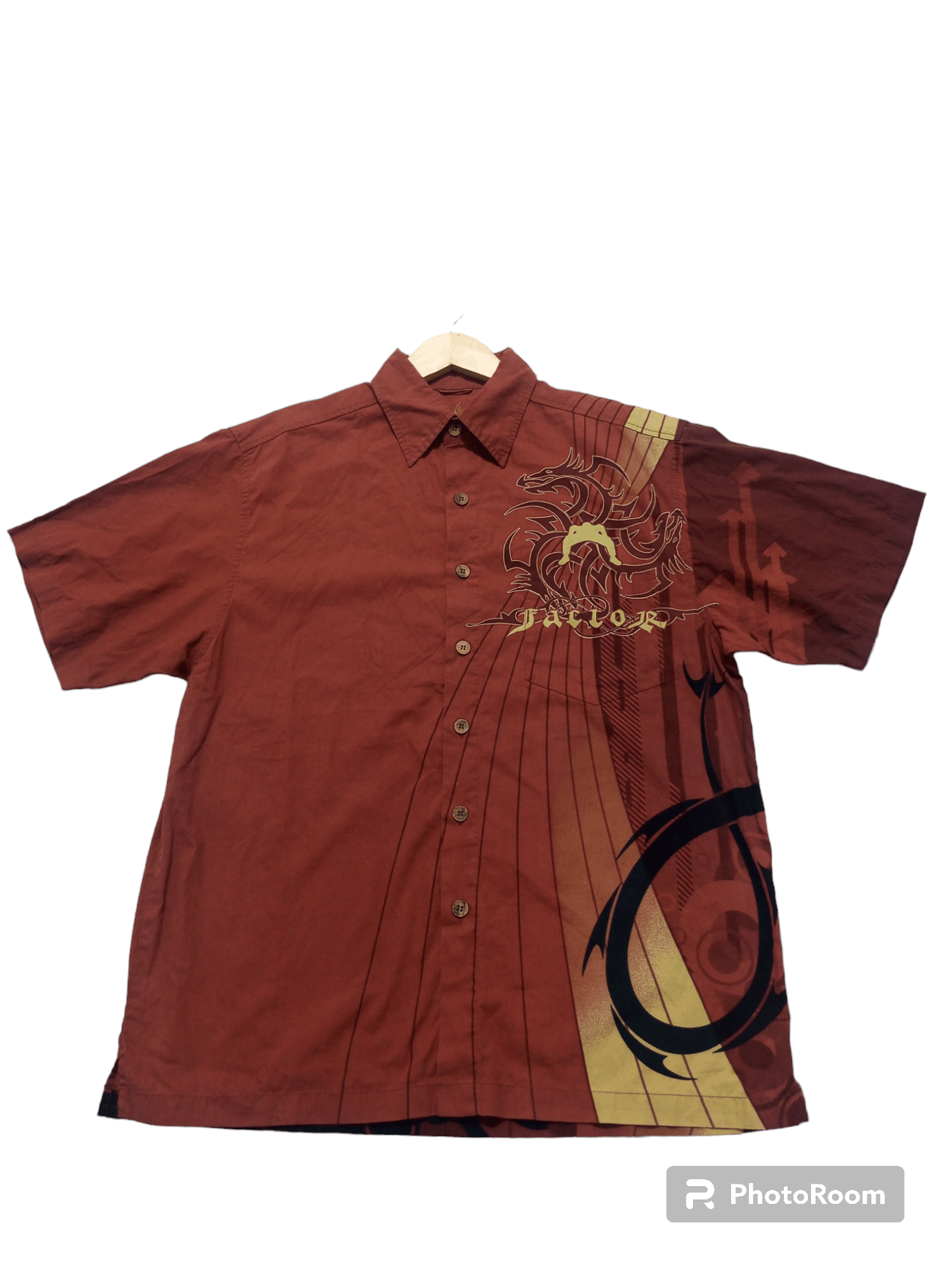 image of Archival Clothing x Vintage Y2K Factor Tribal Dragon Tatto Shirt in Browns, Men's (Size Large)