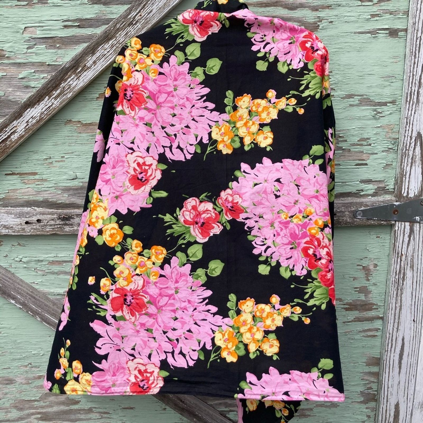 Vintage Boho Black Floral Scarf Wrap Bistro Tablecloth Size ONE SIZE - 4 Thumbnail