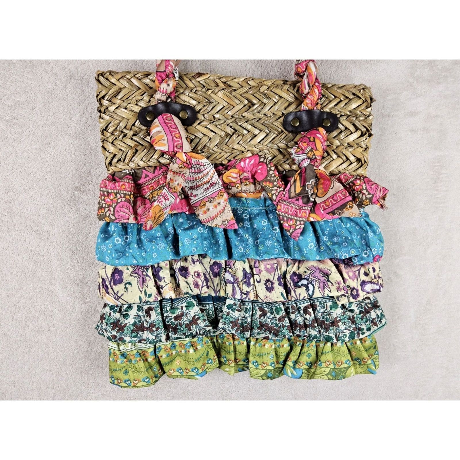 Vintage Cappelli Straworld Bohemian Wicker Fabric Shoulder Handbag Purse Bag Pink Beige Pattern Floral Bucket & Drawstring Medium Women Size ONE SIZE - 3 Thumbnail