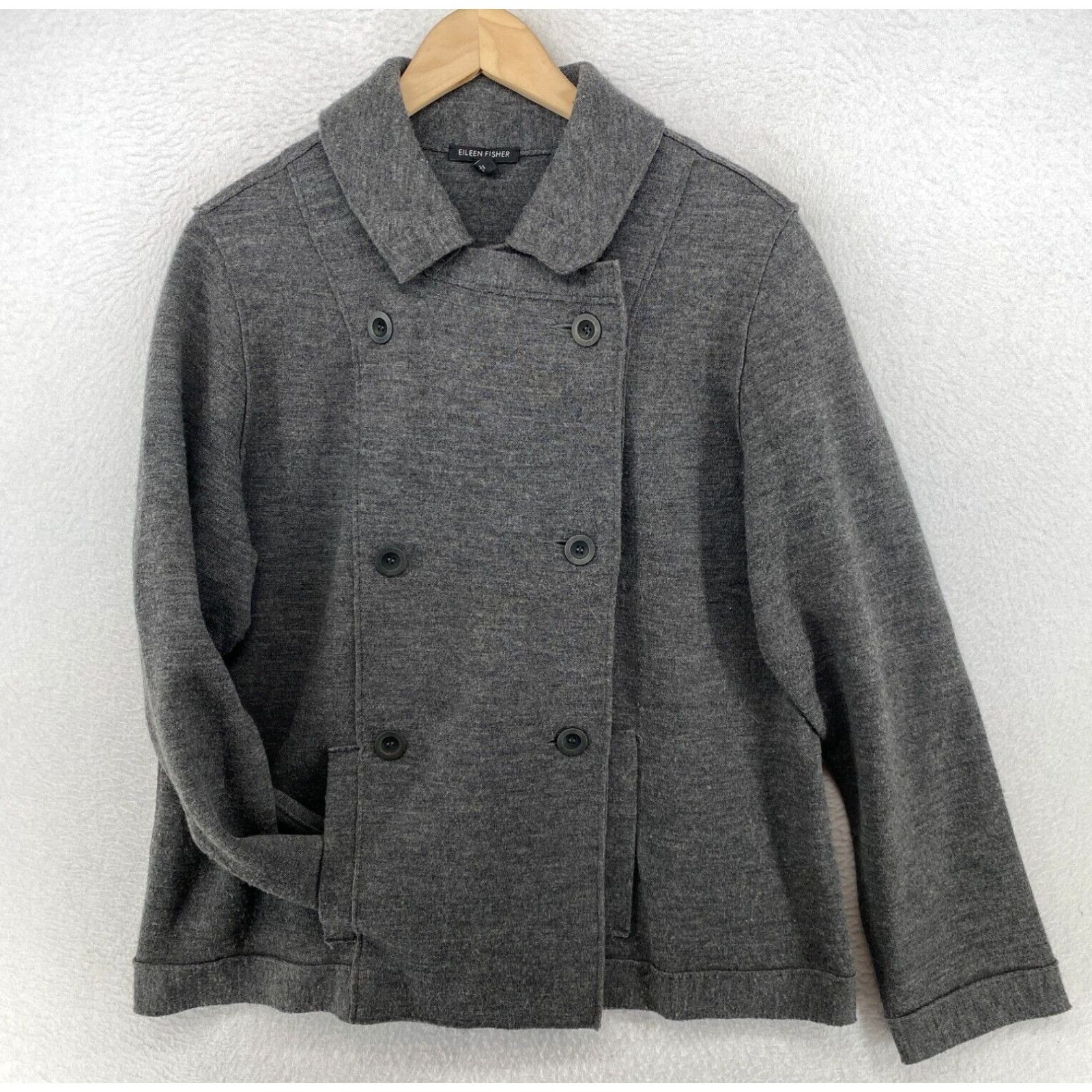 image of Eileen Fisher Jacket Large Merino Wool Peacoat Double Breasted Long Sleeve Gray in White, Women's