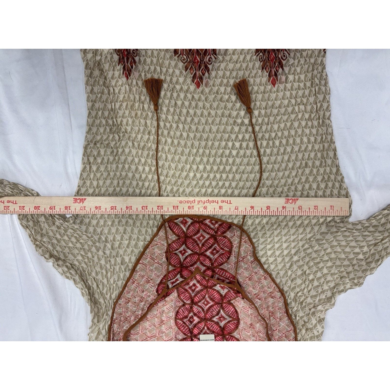 Lucky Brand Lucky Brand Womens Tan Red Boho Long Sleeve Sheer Blouse L Size L / US 10 / IT 46 - 4 Thumbnail
