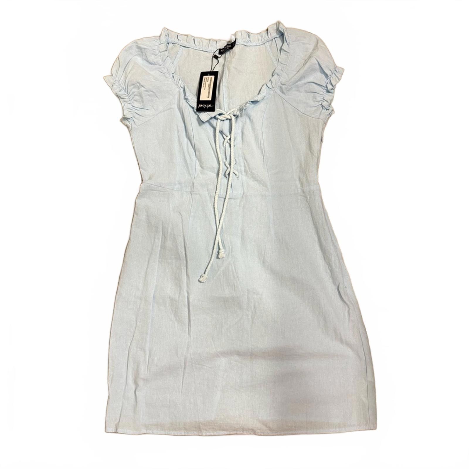 Designer NWT Nasty Gal Light Blue Linen Lace Up Mini Dress- Size 8 Size M / US 6-8 / IT 42-44 - 2 Thumbnail