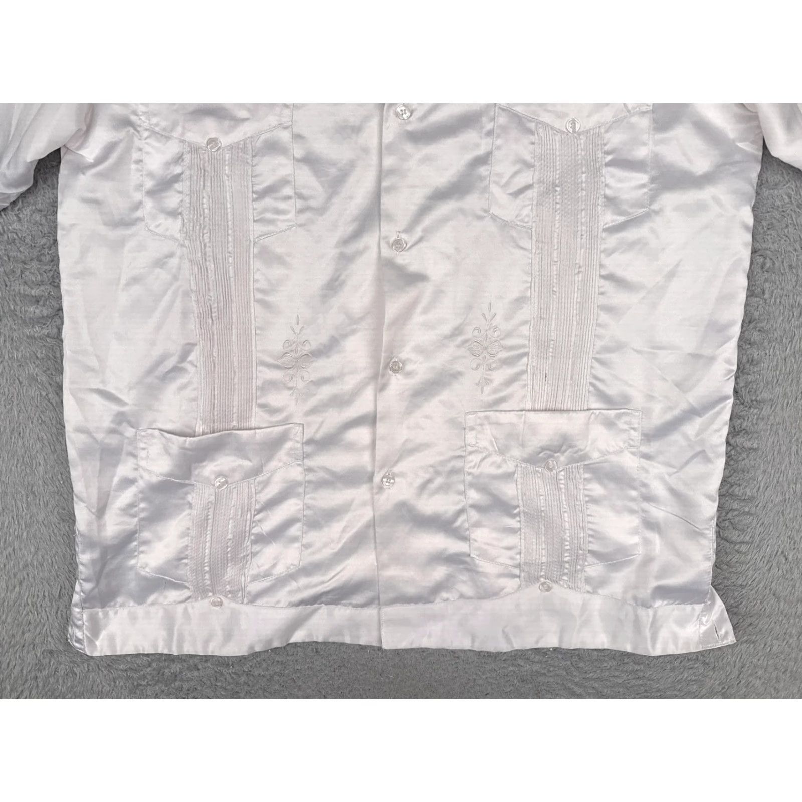 Vintage First Line Shirt Mens XL White Satin Guayabera Wedding Short Sleeve Button Up Size US XL / EU 56 / 4 - 5 Thumbnail