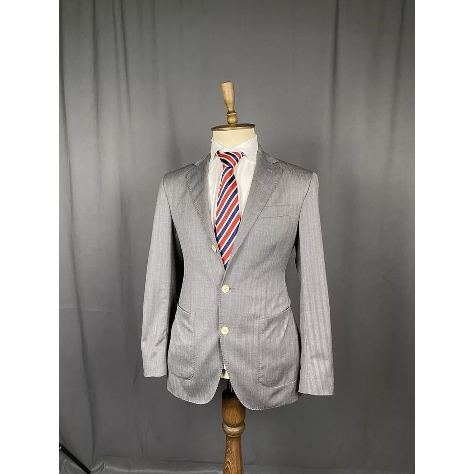Hackett × Loro Piana Hackett ing Loro Piana Gray Herringbone Wool Blazer Sportcoa Size 38R - 2 Thumbnail