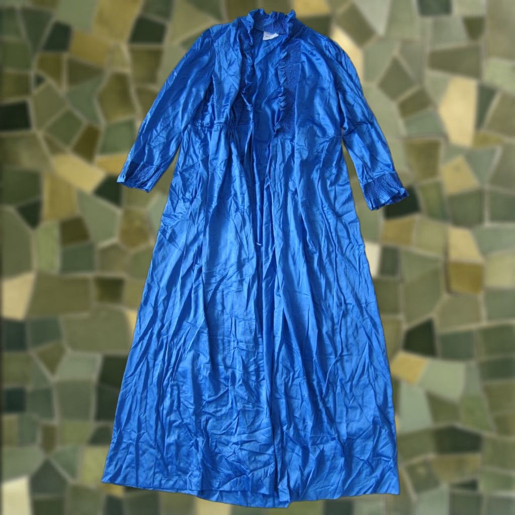 JCPenney VINTAGE JCPenney Nightgown Robe Blue Satin Ruffle Long Maxi 46" Shoulder to Bottom Lingerie Medium Women Size ONE SIZE - 1 Thumbnail
