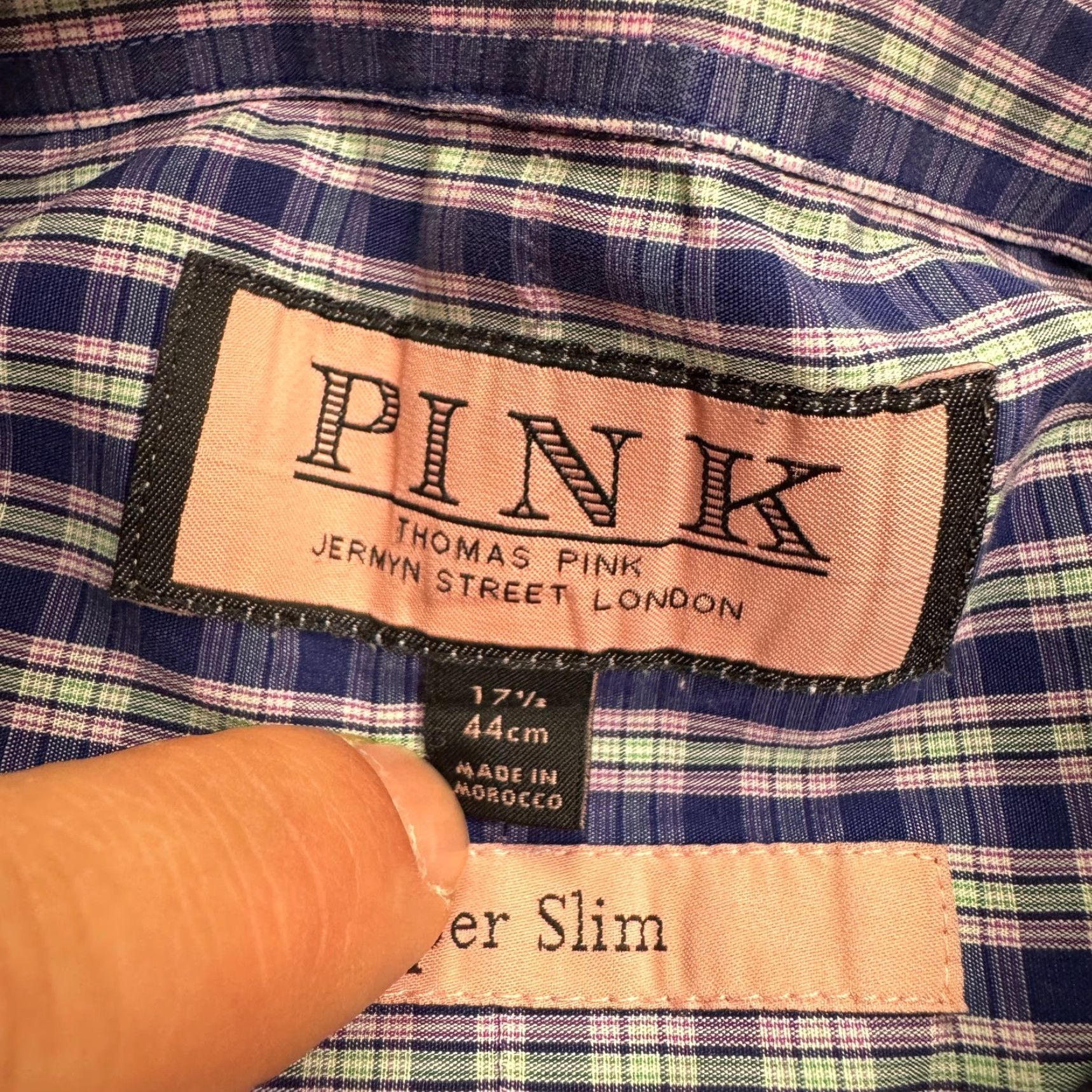 Pinko VINTAGE Thomas Pink Mens Dress Shirt Button-Up Slim Fit Long Sleeve Collared Cotton Plaid Blue Purple Green 44cm Size 44R - 6 Thumbnail