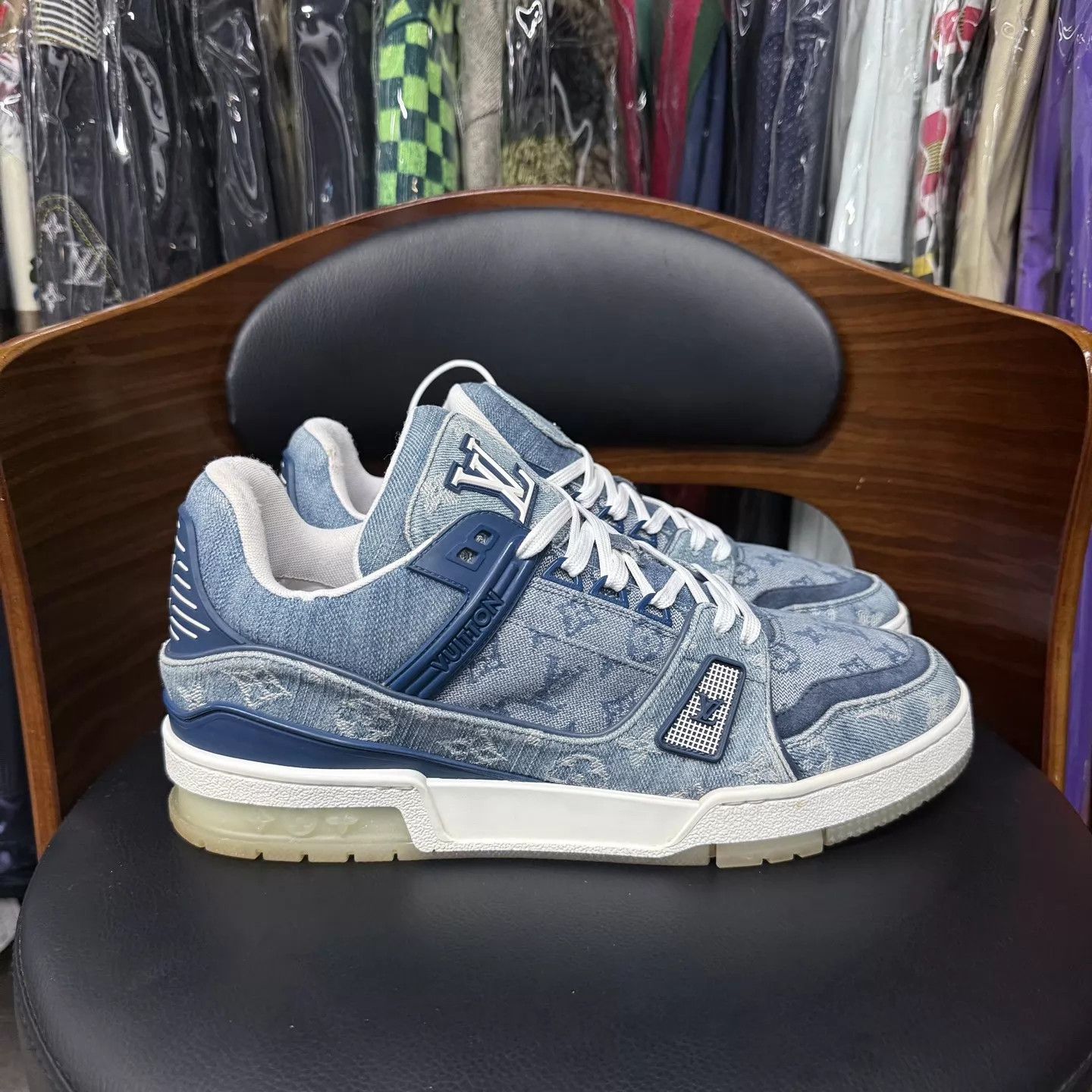 Louis Vuitton LV Trainer Blue/White Denim All Over Print US8 Size US 9 / EU 42 - 4 Thumbnail