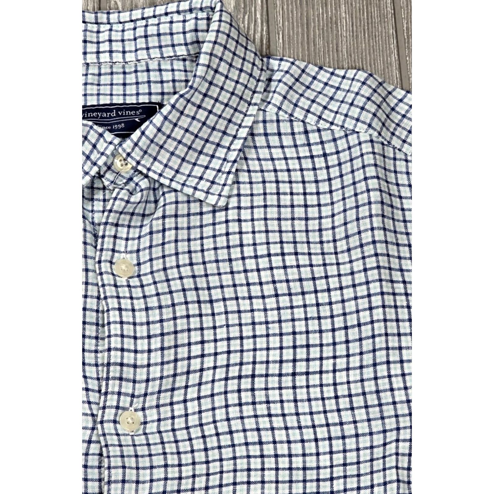 Vineyard Vines Vineyard Vines Button-Up Shirt Mens S Long Sleeve Tattersall Plaid Linen Blue White Shirt Size US S / EU 44-46 / 1 - 3 Thumbnail