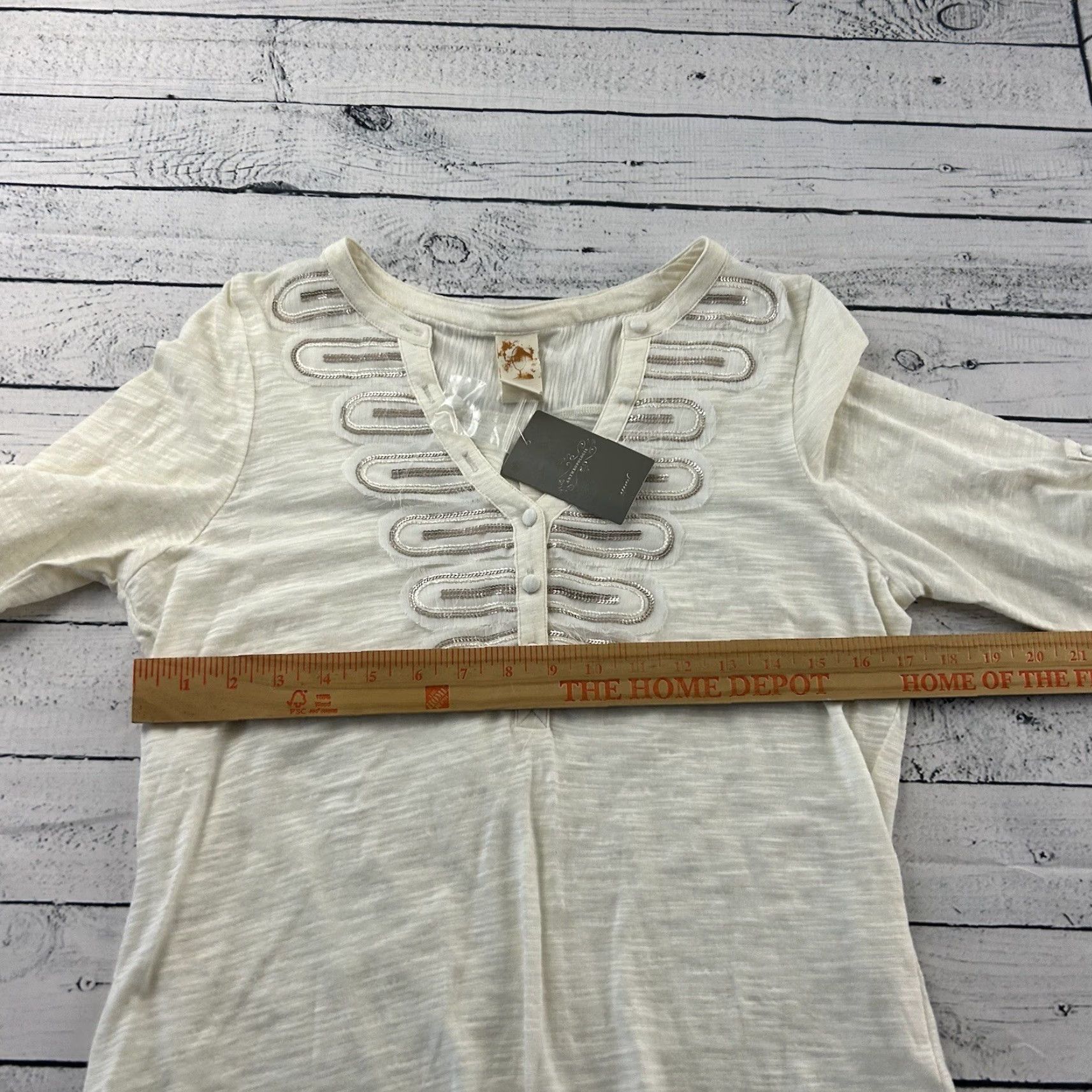 Anthropologie VINTAGE Anthropologie 3/4 Sleeve Button Front Jeweled Top Women's M Ivory Beige Blouse Womens Size M / US 6-8 / IT 42-44 - 5 Thumbnail
