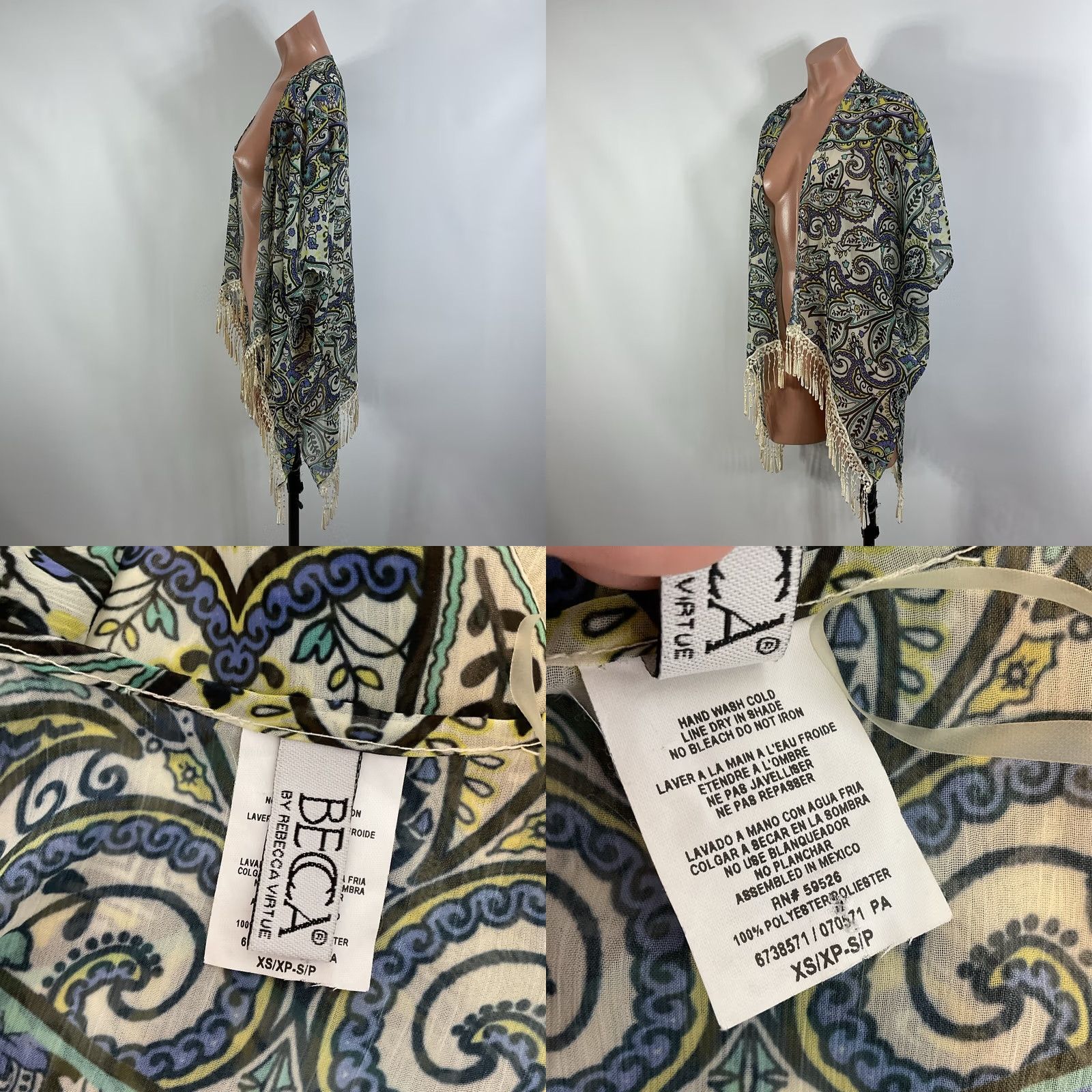 Vintage VINTAGE BECCA fringe trim swim cover up kaftan blue Paisley Floral XS Women Cover Up Fringe XS Blue Paisley Floral Size ONE SIZE - 8 Thumbnail