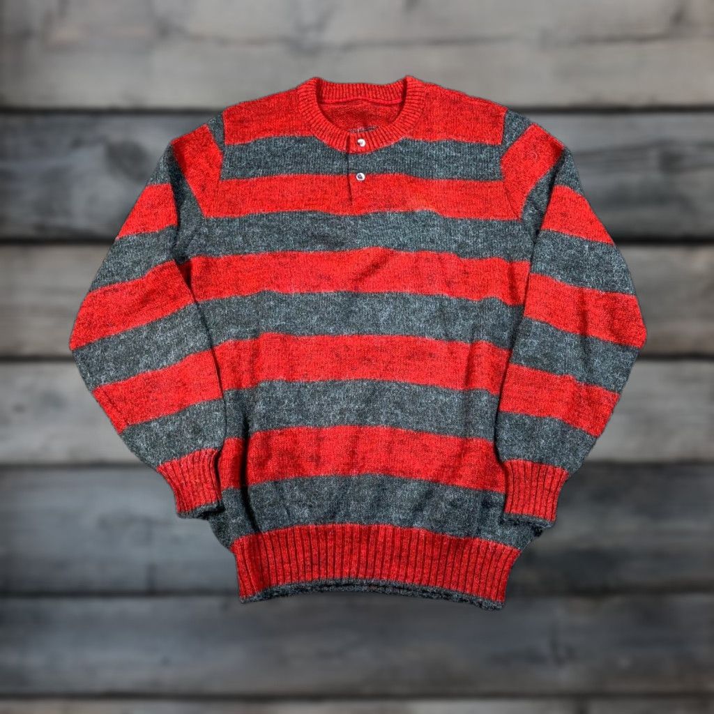 Vintage VTG Vintage Henley Sweater Adult Large Red Gray Striped Fuzzy Knit 90s Mens Pullover Knit Top Size US L / EU 52-54 / 3 - 1 Thumbnail