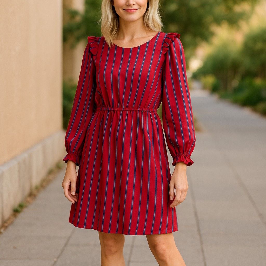 Forever 21 Forever 21 Vintage Look Burgundy Blue Striped Ruffle Dress M Size M / US 6-8 / IT 42-44 - 1 Thumbnail
