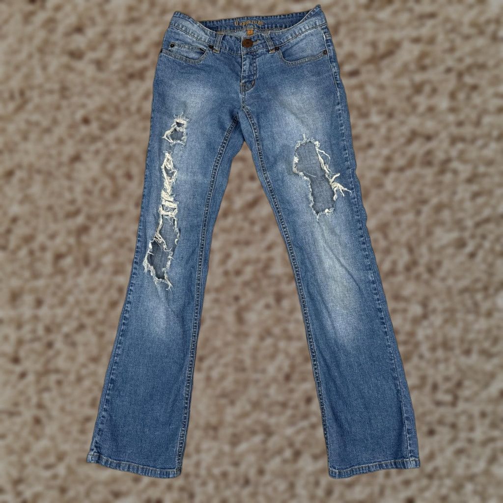 Vintage Cappuccino Jeans Bootcut Juniors 7 Blue Med Wash Low Rise Stretch Ripped Embroidered Back Pockets 5-Pocket Denim Casual Pants Womens Size 28" / US 6 / IT 42 - 1 Thumbnail