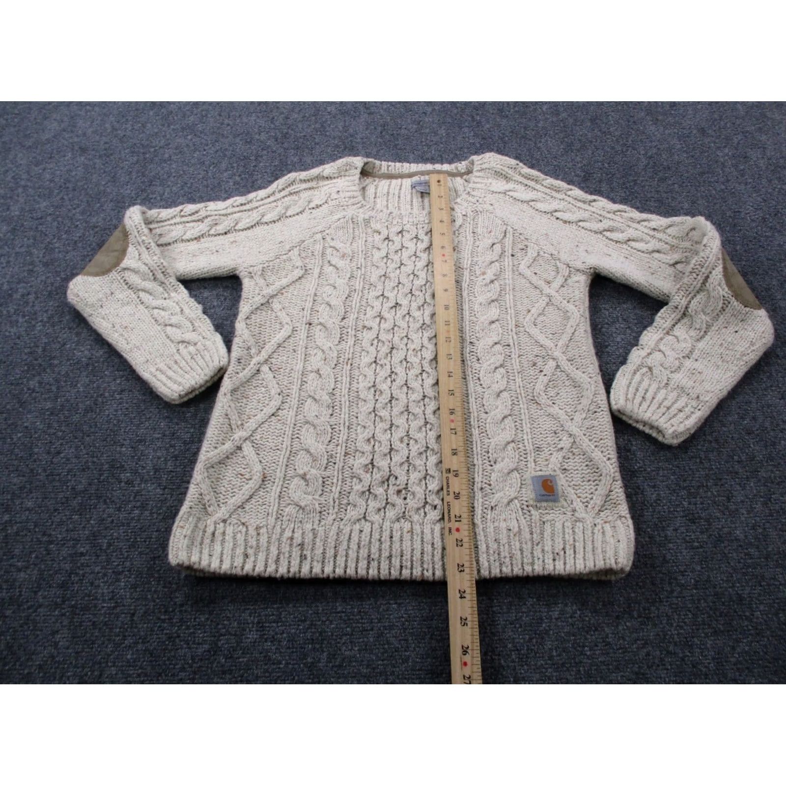 Carhartt Carhartt Sweater Womens S Wool Blend Cable Knit Elbow Patches Fisherman Beach Beige Crew Neck Pullover Sweater Womens Size S Size S / US 4 / IT 40 - 3 Thumbnail