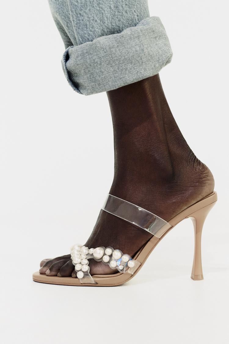 Zara | Shoes | Zara Heeled Vinyl Sandals With Faux Pearls
