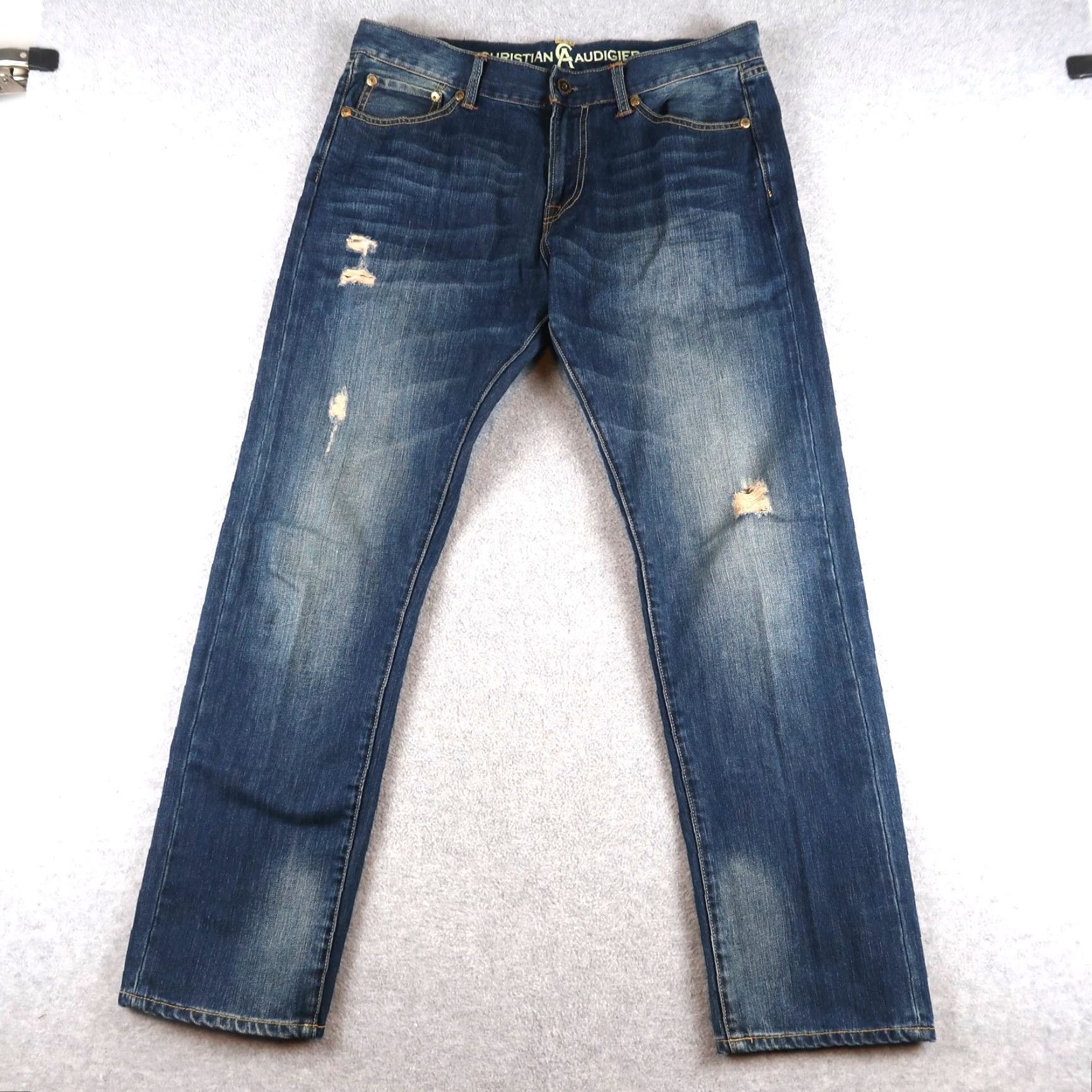 Denime VINTAGE Christian Audigier Denim Jeans Size 34x32 Straight Leg Distressed Mens Jeans Casual Blue 5-Pocket Mens Vintage USA Cotton Stretch Regular Size US 34 / EU 50 - 2 Thumbnail